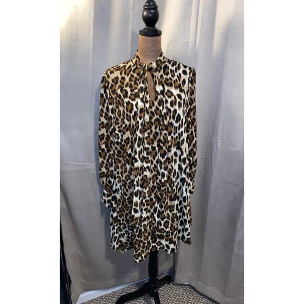 NY&C Leopard Print Dress Size Medium NWT Tie Neck Long Sleeve Lined $69.95